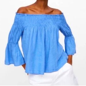 ZARA Elasticized Linen Top Off Shoulder Bell Sleeve Ruched Blue Size M